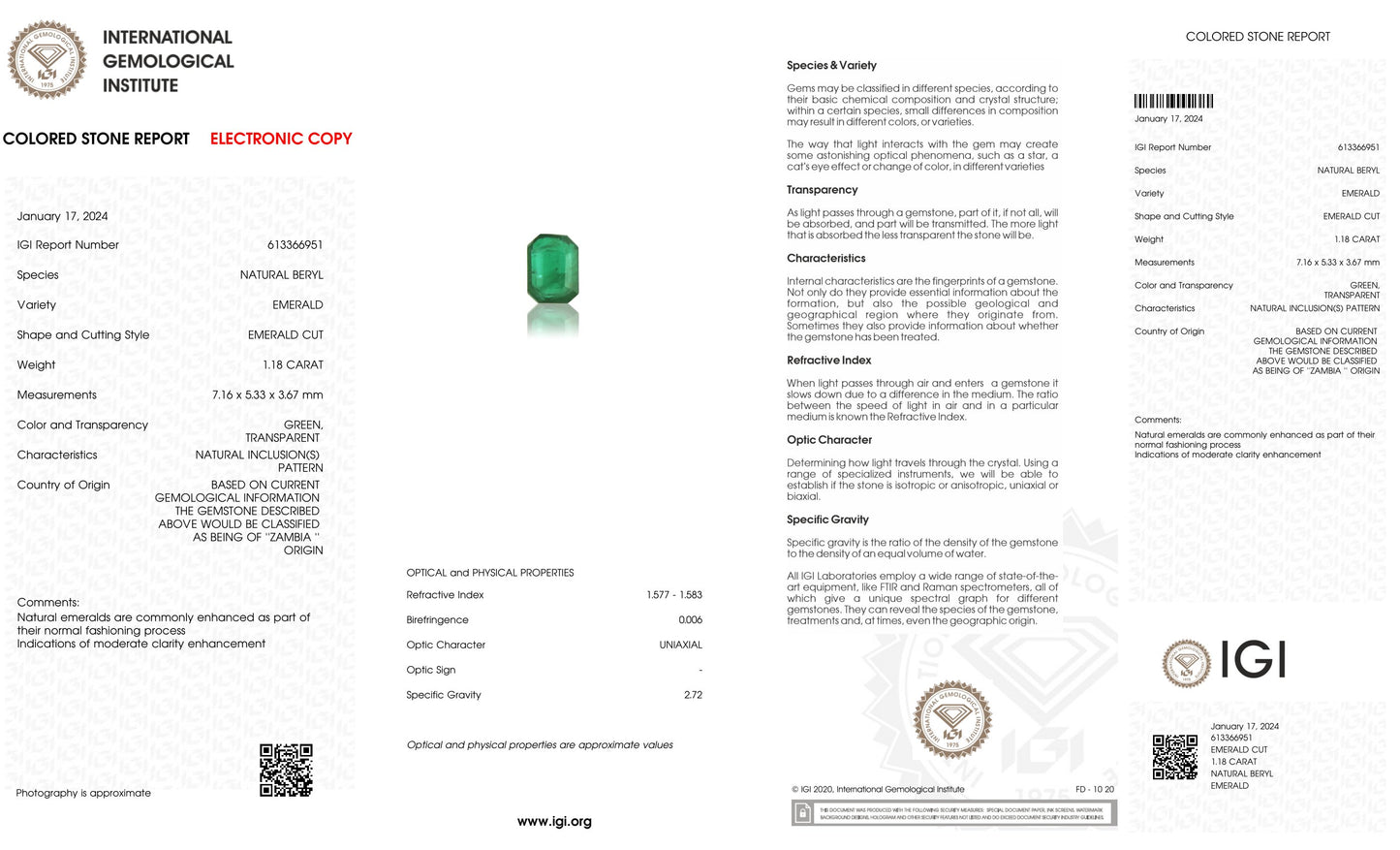 Natural Zambian Emerald (Panna) 1.18 Carats