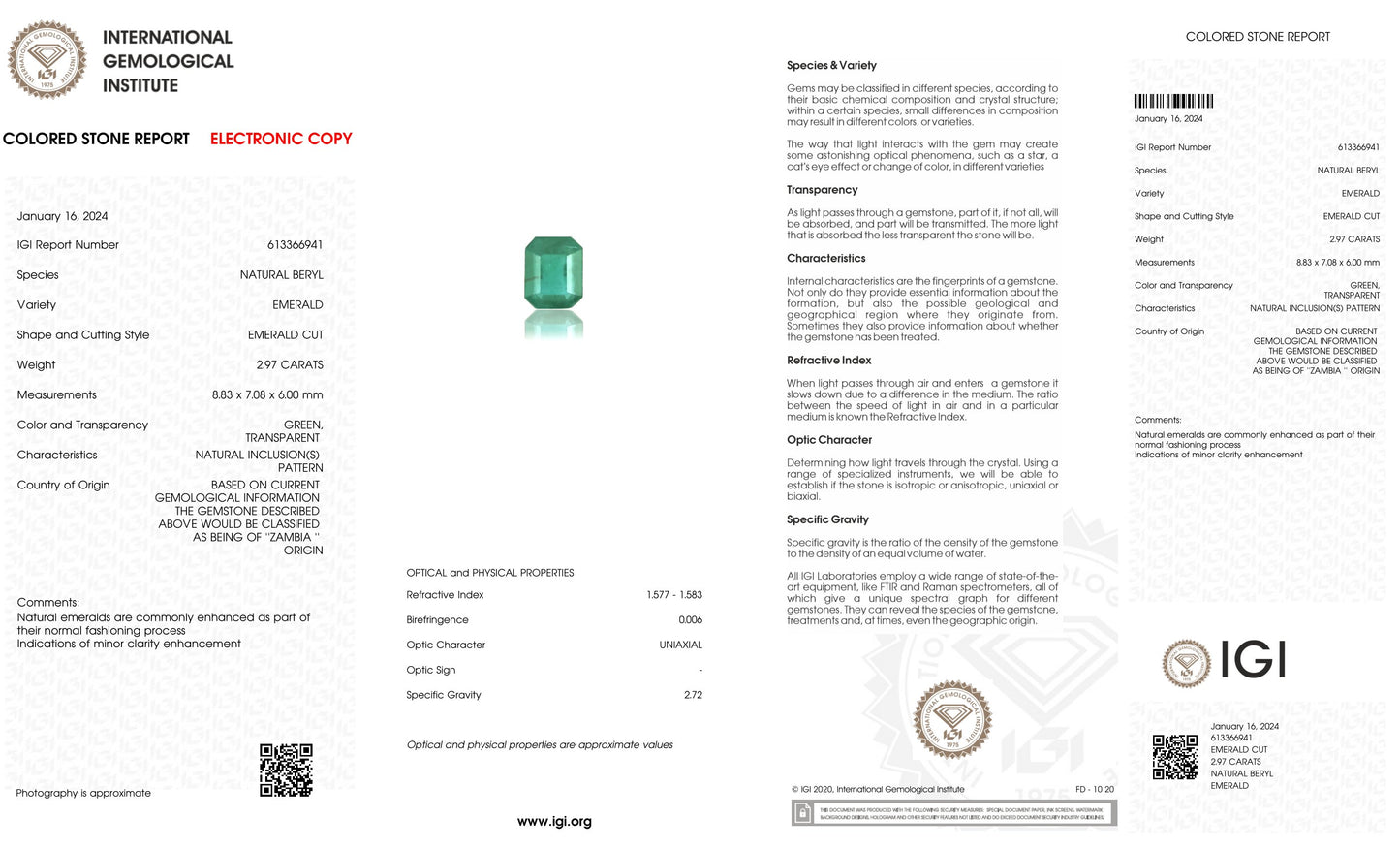 Minor Oil Natural Zambian Emerald (Panna) 2.97 Carats