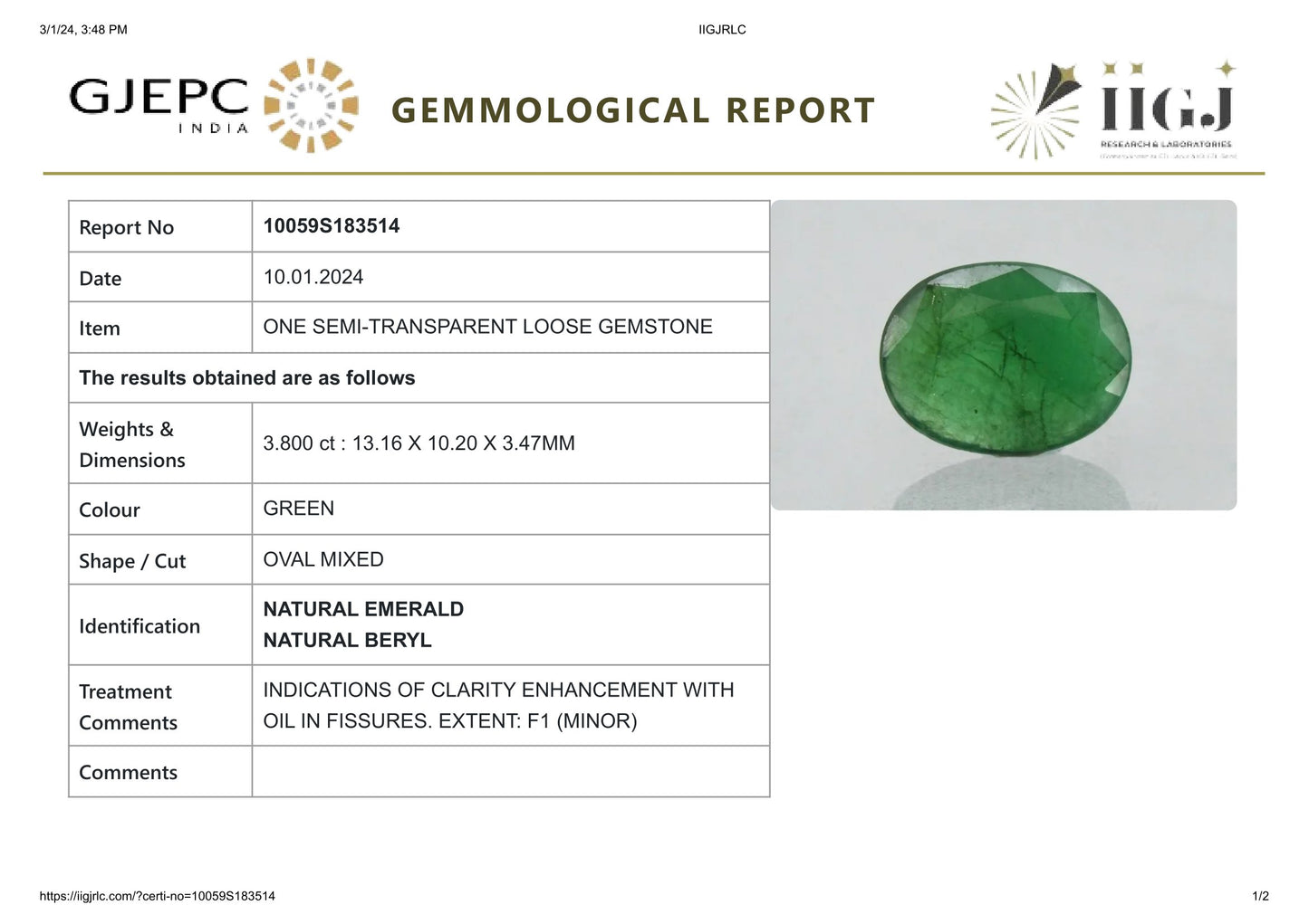 Minor Oil Natural Zambian Emerald (Panna) 3.80 Carats