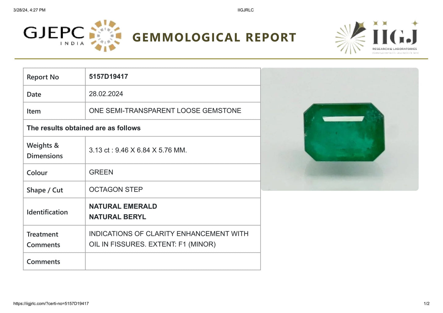Minor Oil Natural Zambian Emerald (Panna) 3.13 CARAT