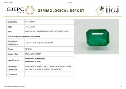 Minor Oil Natural Zambian Emerald (Panna) 3.13 CARAT