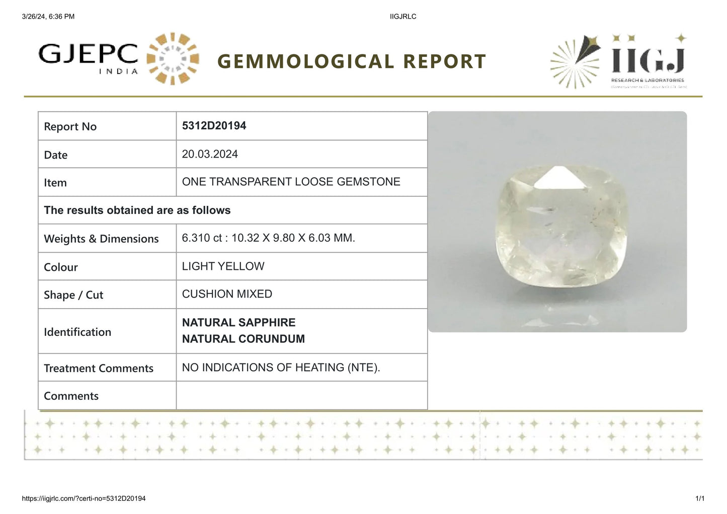 Natural Yellow Sapphire (Pukhraj) 6.31 Carats