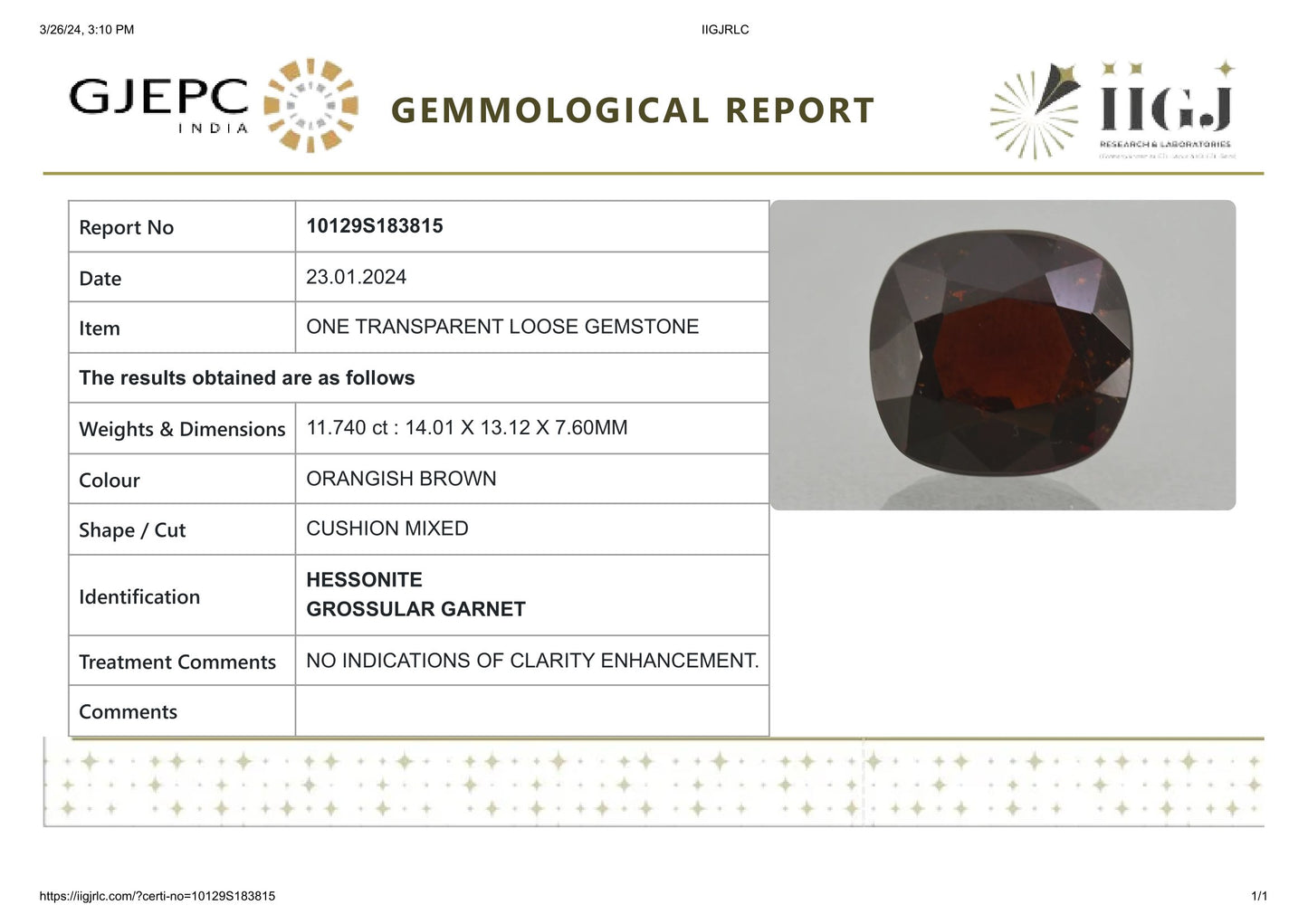 Natural Sri-Lankan Hessonite (Gomed) 11.74 Carats