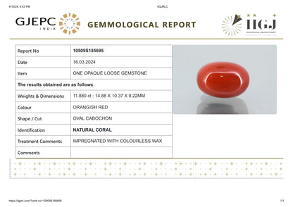 NATURAL RED CORAL (MOONGA) 11.88 CARATS