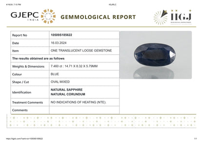 Natural Blue Sapphire (Neelam) 7.46 Carats