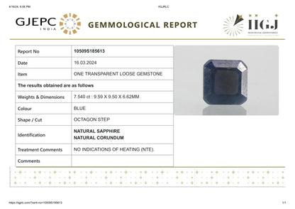 Natural Blue Sapphire (Neelam) 7.54 Carats