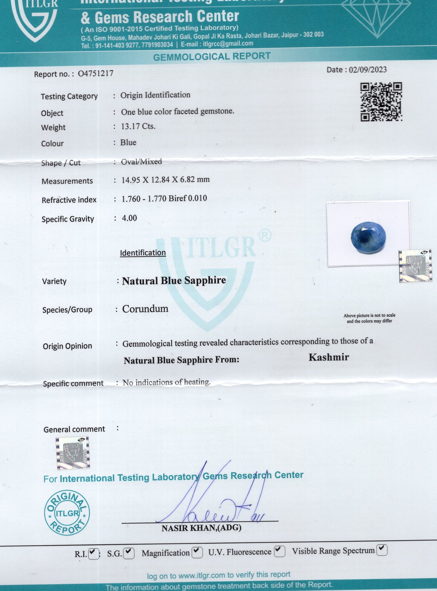 Kashmir Blue Sapphire (Neelam) 13.17 Carats