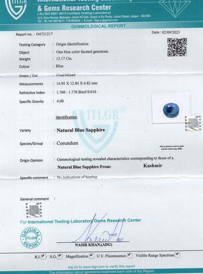 Kashmir Blue Sapphire (Neelam) 13.17 Carats