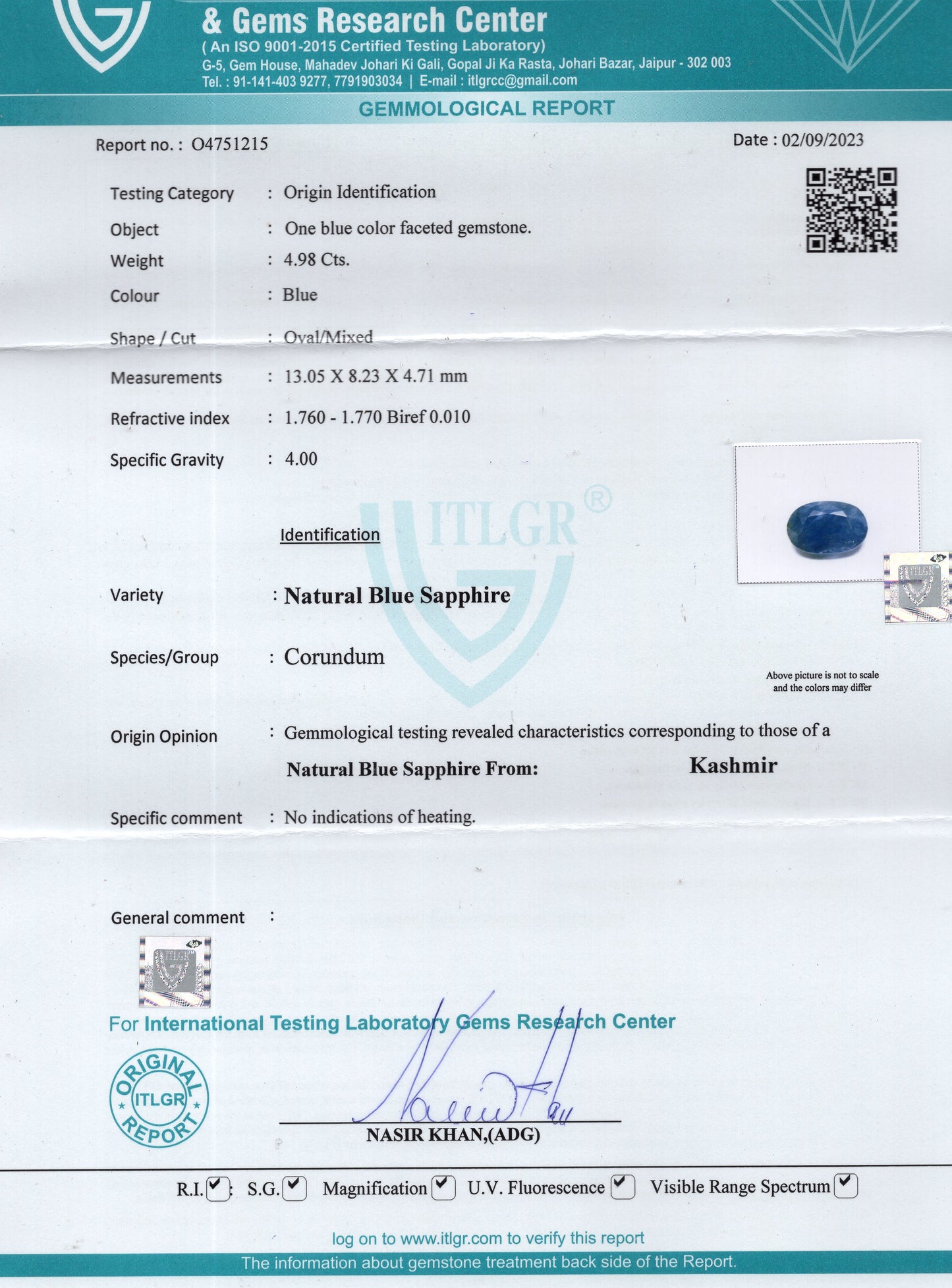Kashmir Blue Sapphire (Neelam) 4.98 Carats