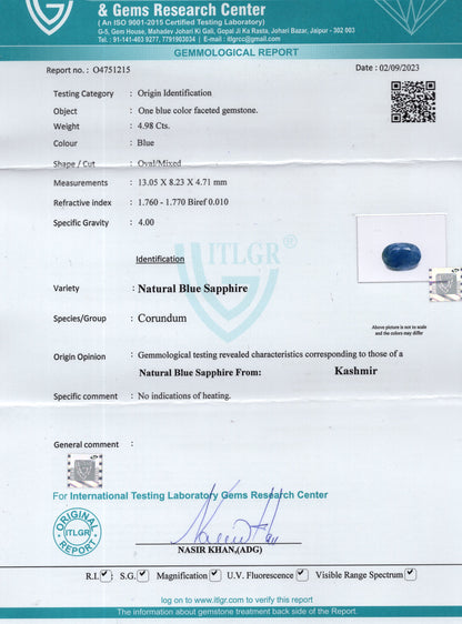 Kashmir Blue Sapphire (Neelam) 4.98 Carats