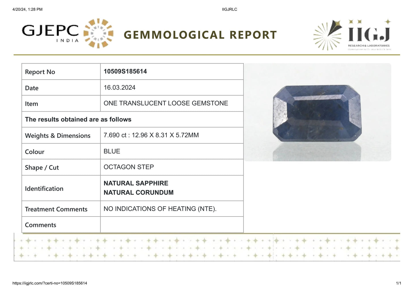Natural Blue Sapphire (Neelam) 7.69 Carats