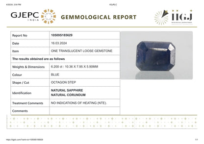 Natural Blue Sapphire (Neelam) 6.20 Carats