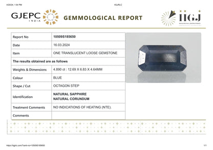 Natural Blue Sapphire (Neelam) 4.89 Carats