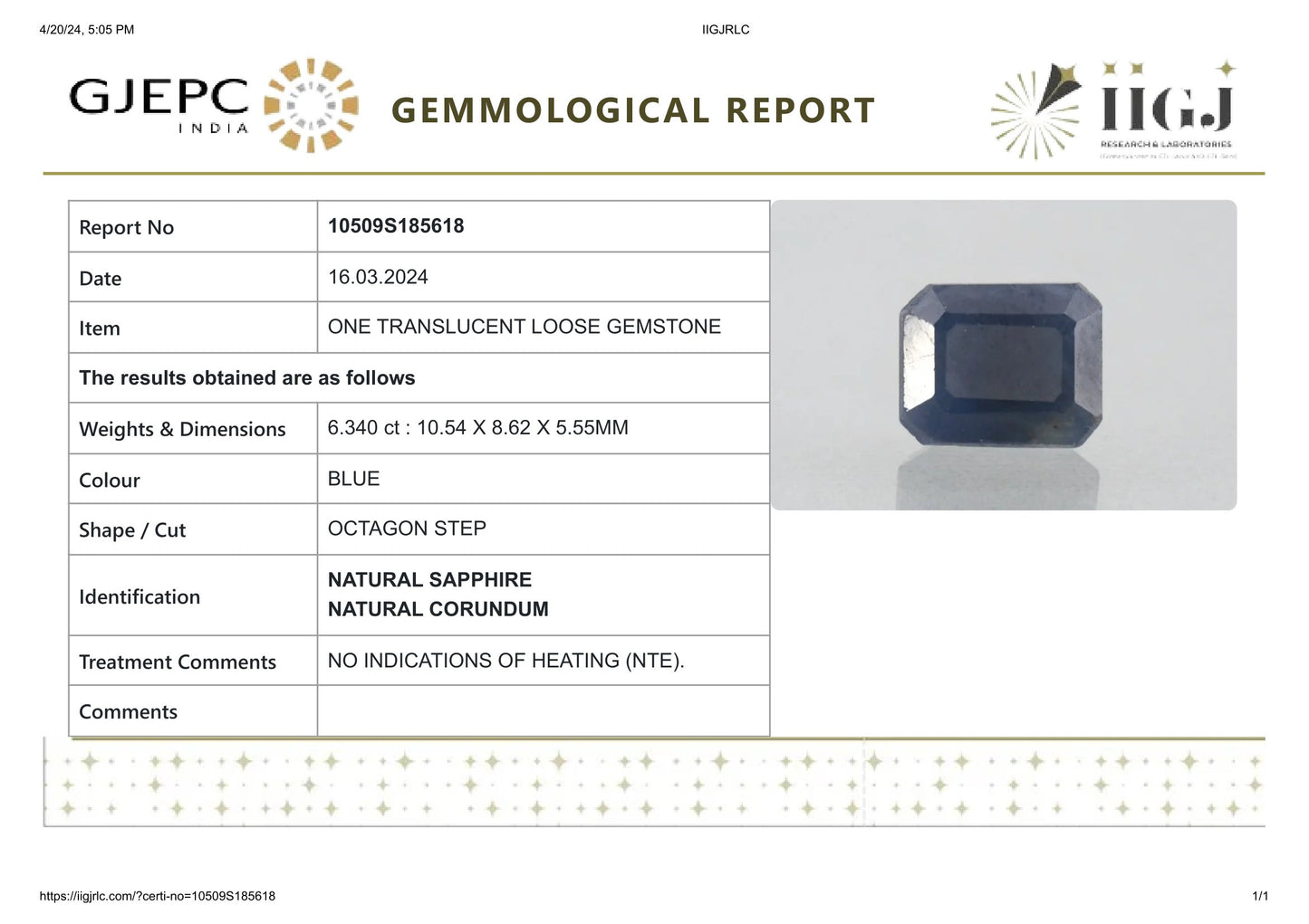 Natural Blue Sapphire (Neelam) 6.34 Carats