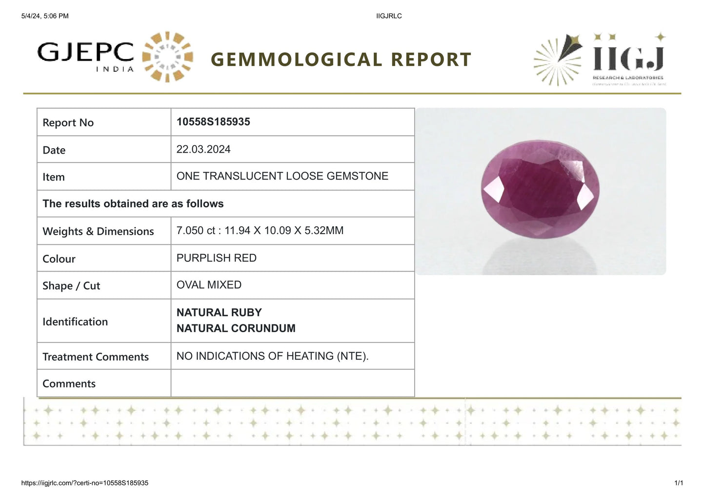 Natural Ruby (Manik) 7.05 Carats