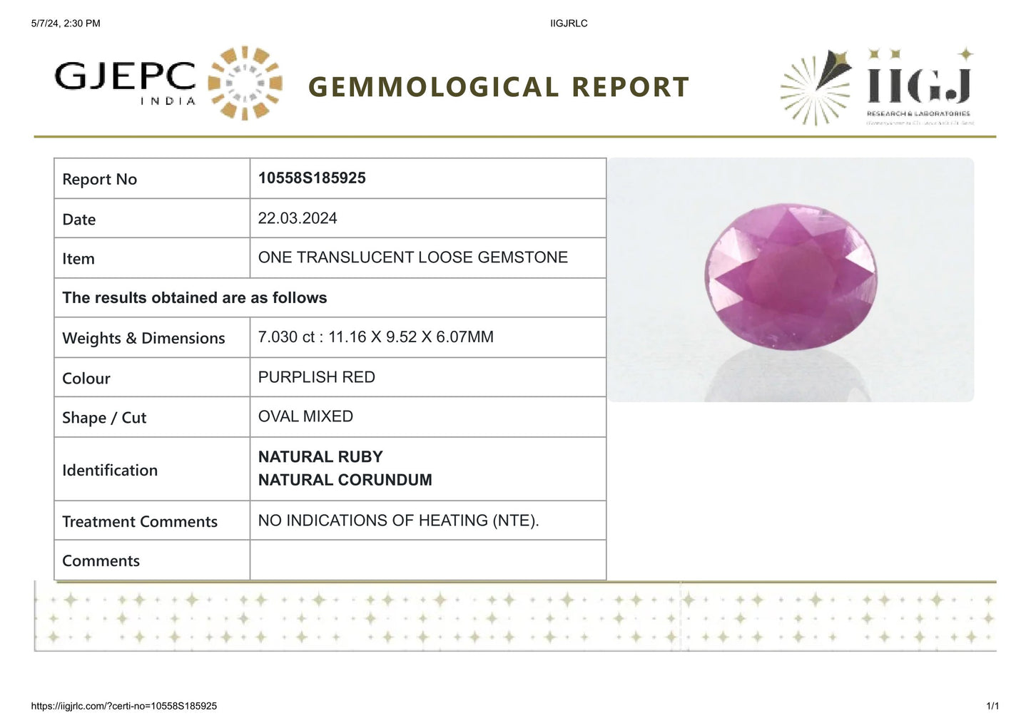 Natural African Ruby (Manik) 7.03 Carats