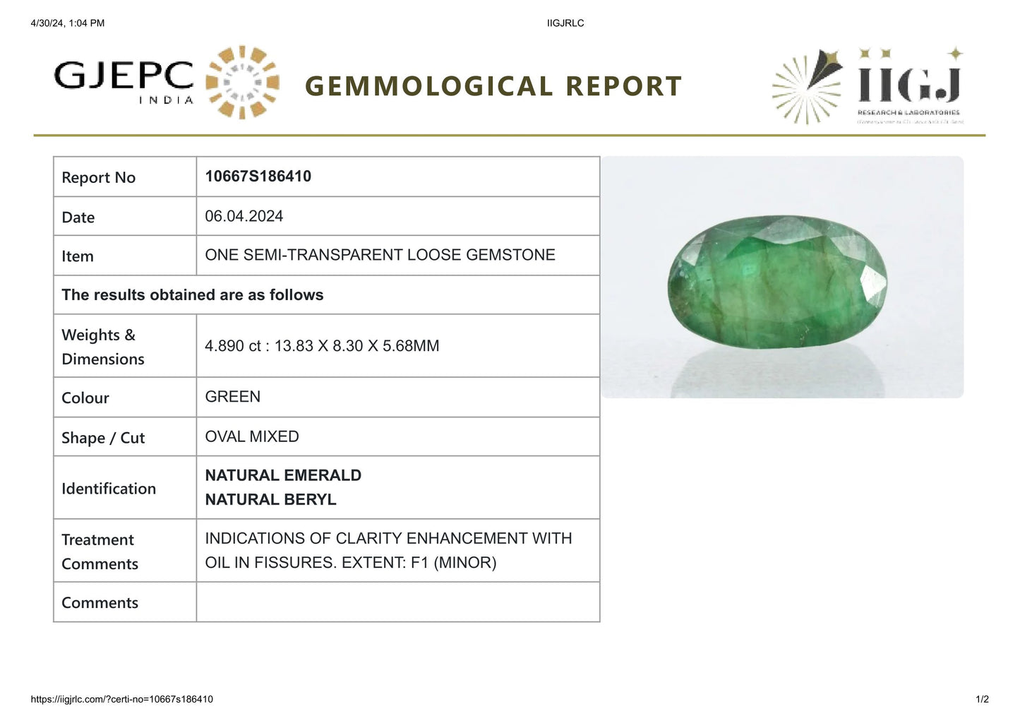 Minor Oil Natural Zambian Emerald (Panna) 4.89 Carats