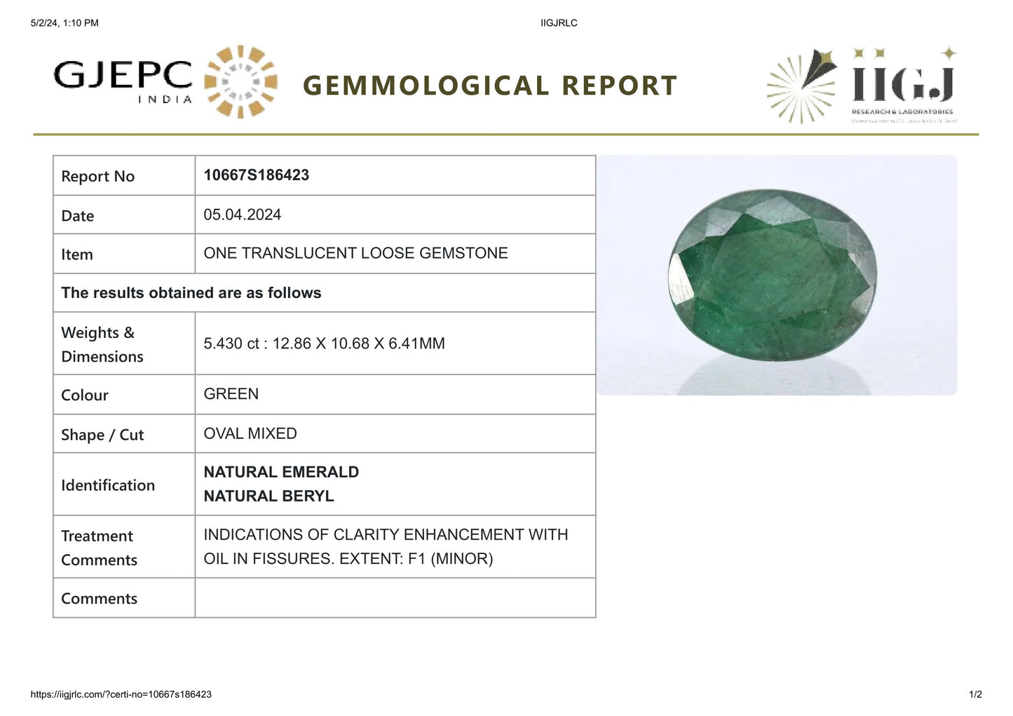 Minor Oil Natural Zambian Emerald (Panna) 5.43 Carats
