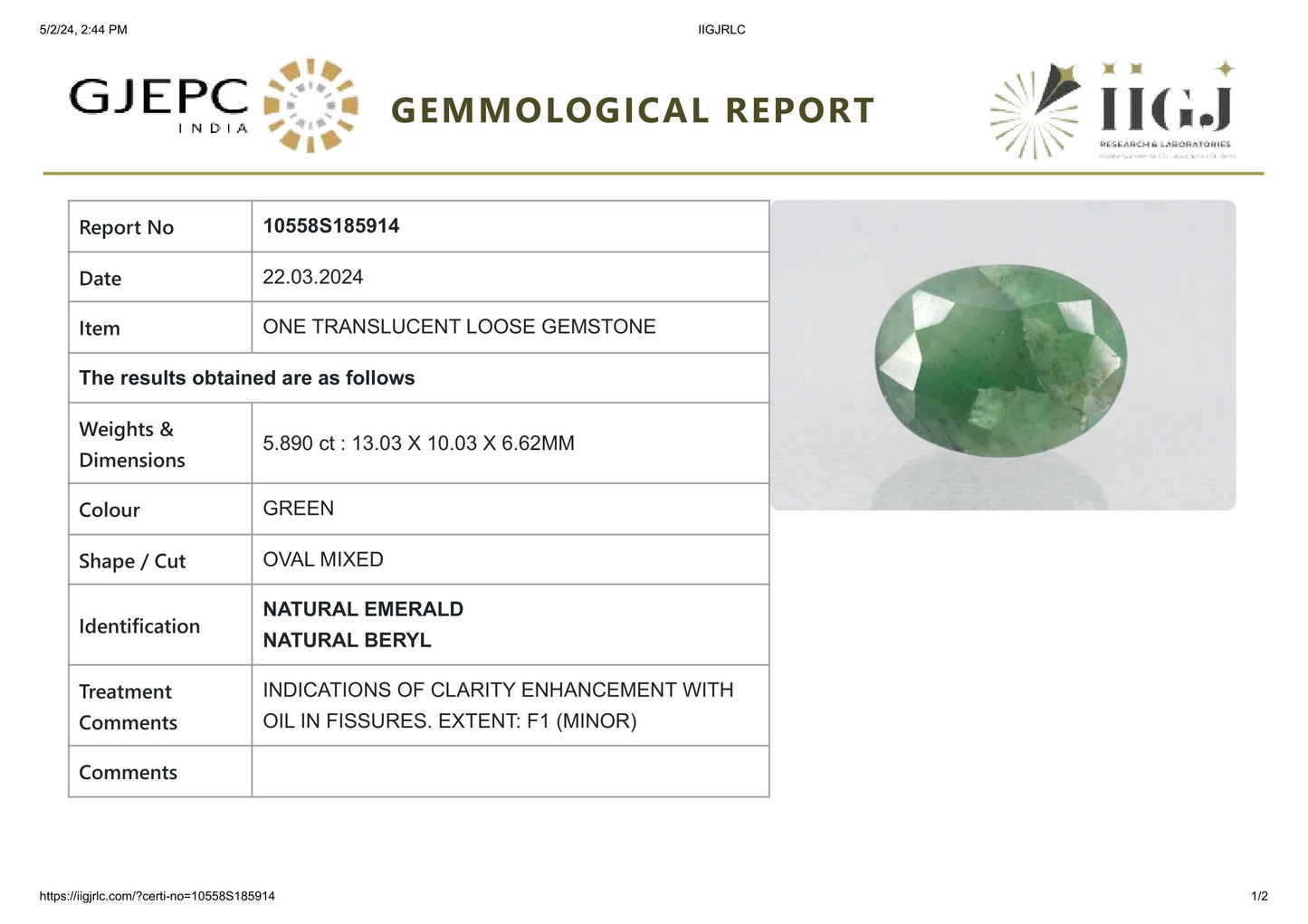 Minor Oil Natural Zambian Emerald (Panna) 5.89 Carats