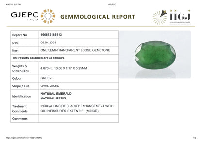 Minor Oil Natural Zambian Emerald (Panna) 4.07 Carats
