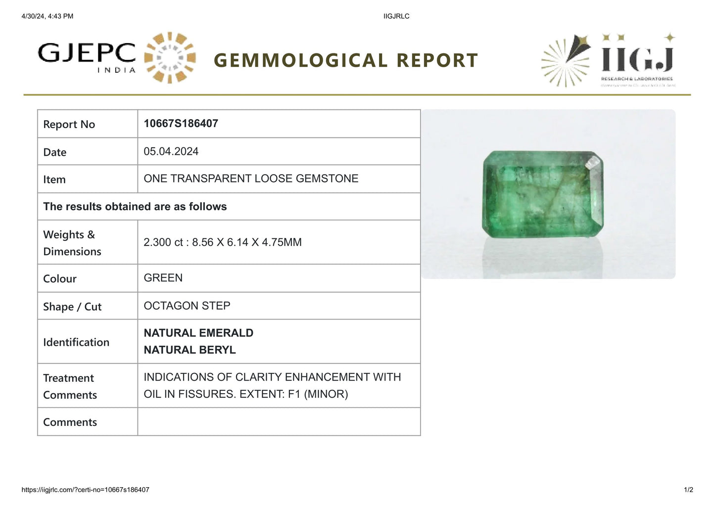 Minor Oil Natural Zambian Emerald (Panna) 2.30 Carats