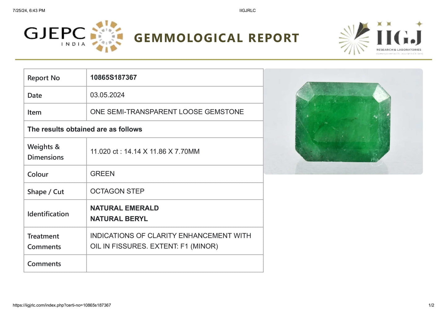 Minor Oil Natural Zambian Emerald (Panna) 11.02 Carats