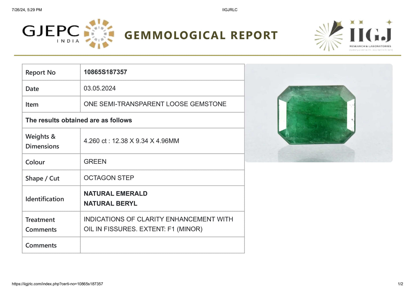 Minor Oil Natural Zambian Emerald (Panna) 4.26 Carats