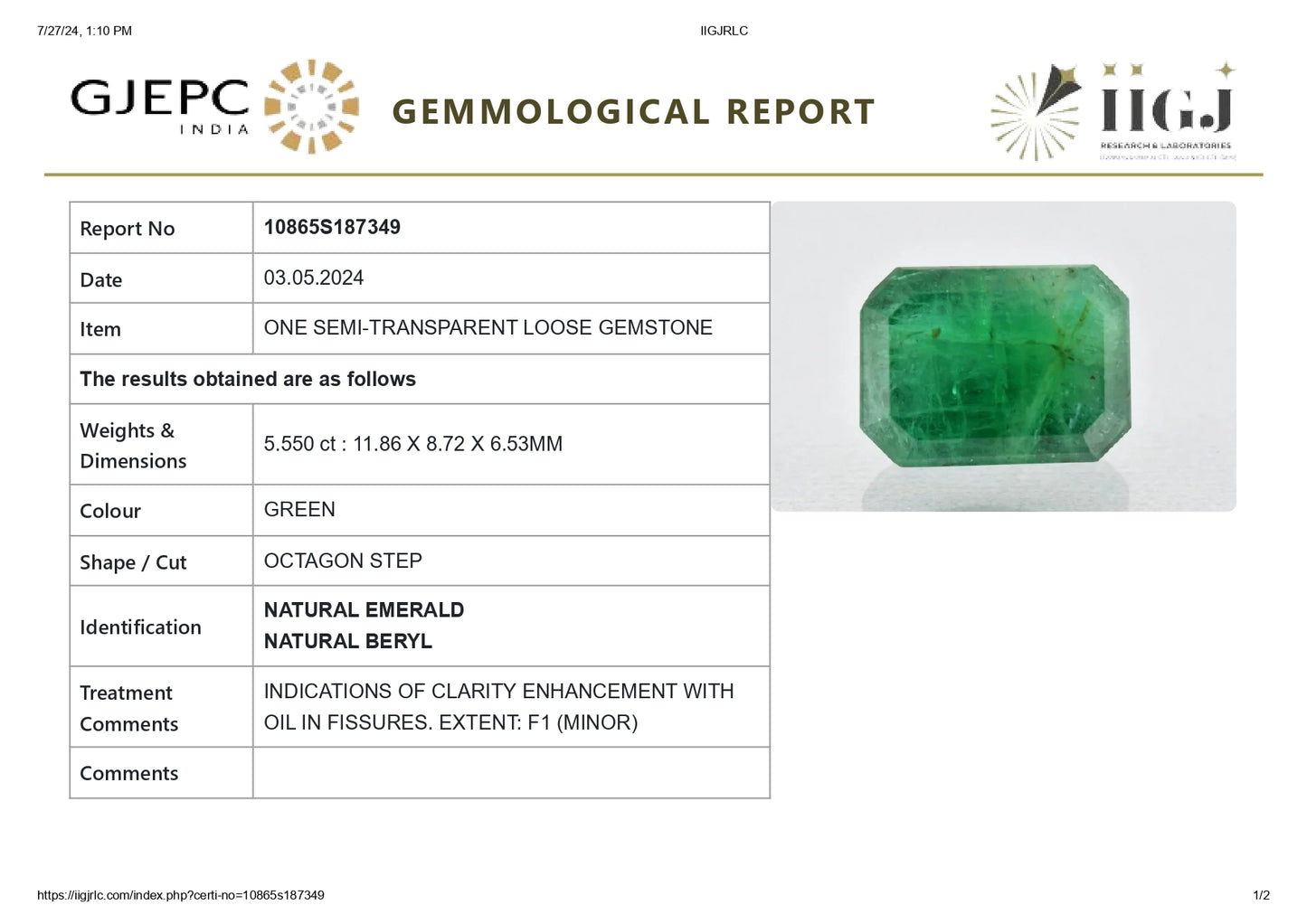 Minor Oil Natural Zambian Emerald (Panna) 5.55 Carats