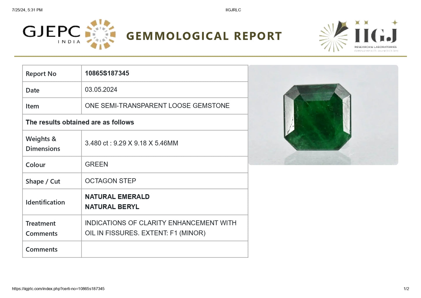 Minor Oil Natural Zambian Emerald (Panna) 3.48 Carats