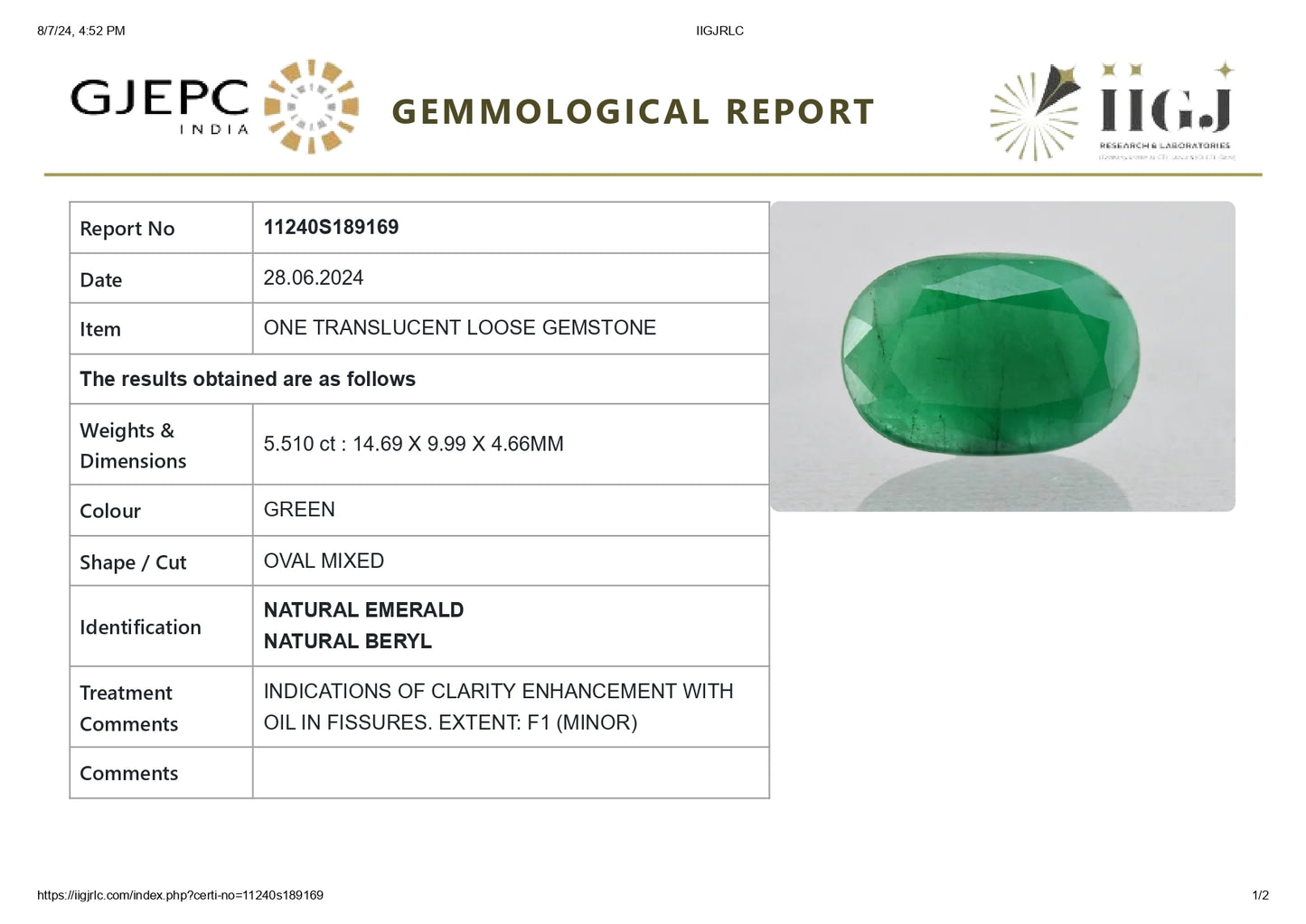 Minor Oil Natural Zambian Emerald (Panna) 5.51 Carats