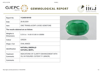 Minor Oil Natural Zambian Emerald (Panna) 5.51 Carats