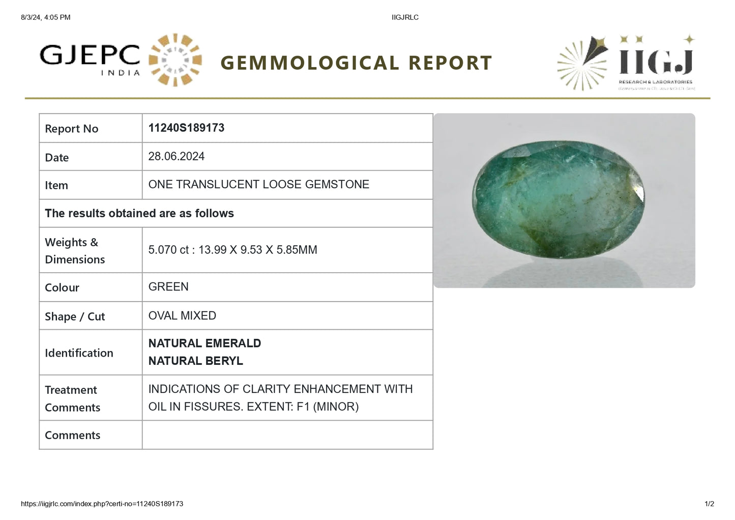 Minor Oil Natural Zambian Emerald (Panna) 5.07 Carats