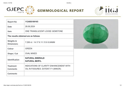 Minor Oil Natural Zambian Emerald (Panna) 7.29 Carats