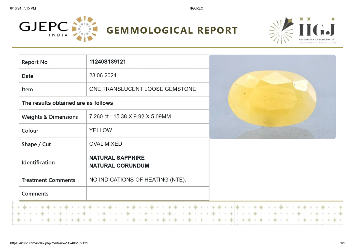NATURAL YELLOW SAPPHIRE (PUKHRAJ) 7.26 CARATS