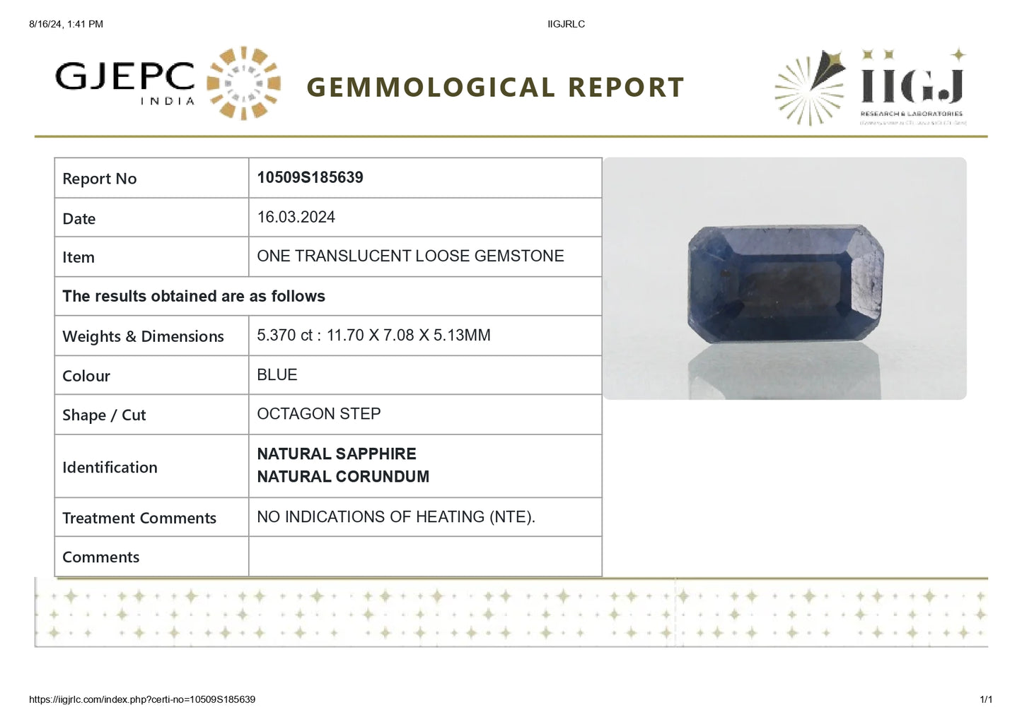 Natural Blue Sapphire (Neelam) 5.37 Carats