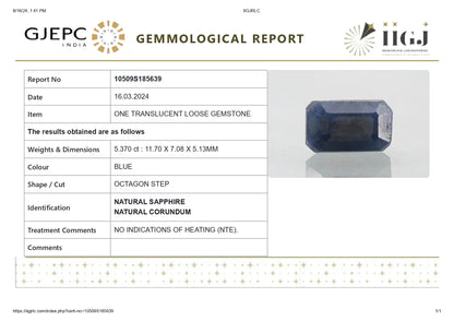 Natural Blue Sapphire (Neelam) 5.37 Carats