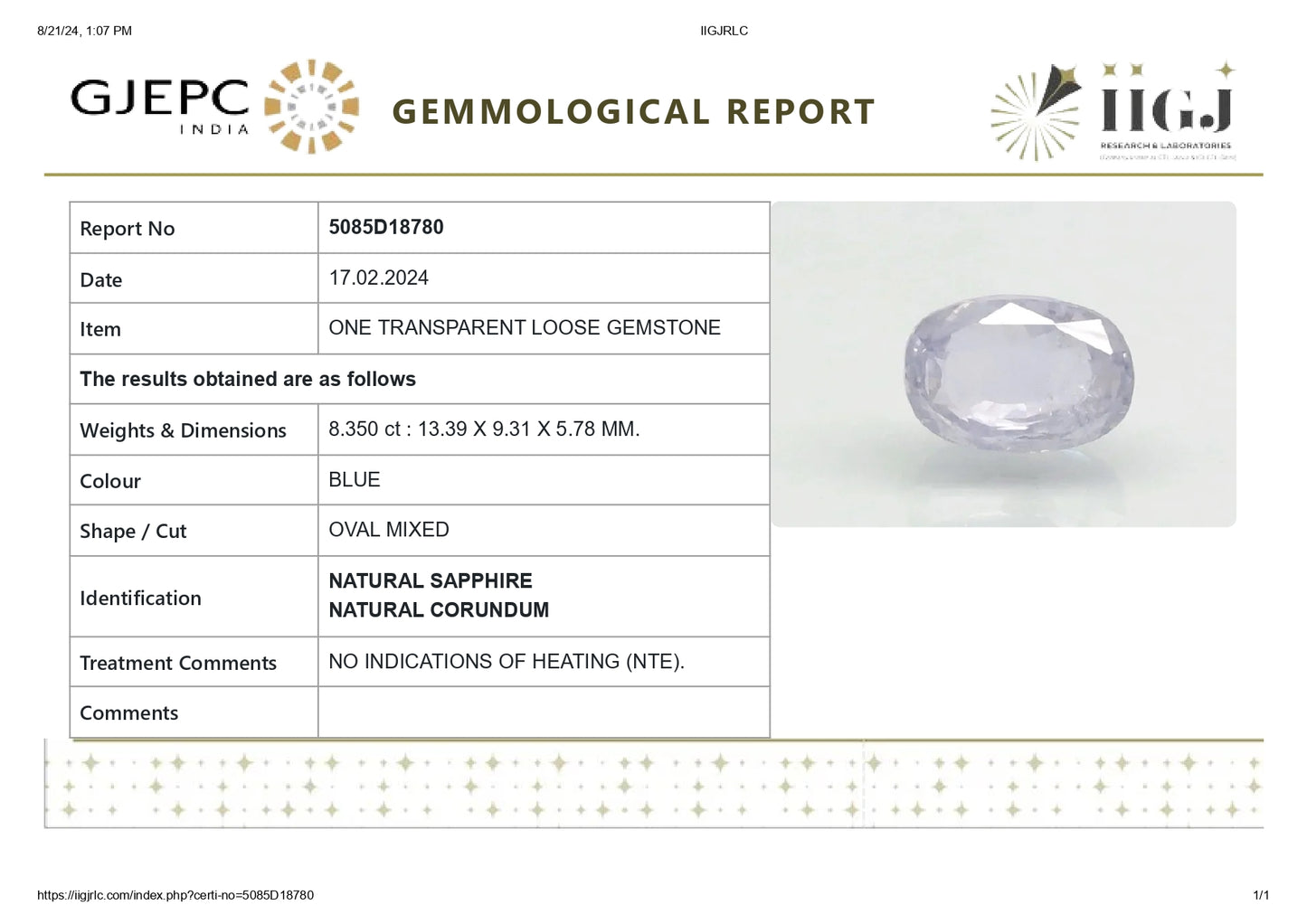 Natural Blue Sapphire (Neelam) 8.35 Carats