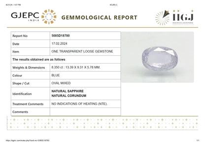 Natural Blue Sapphire (Neelam) 8.35 Carats