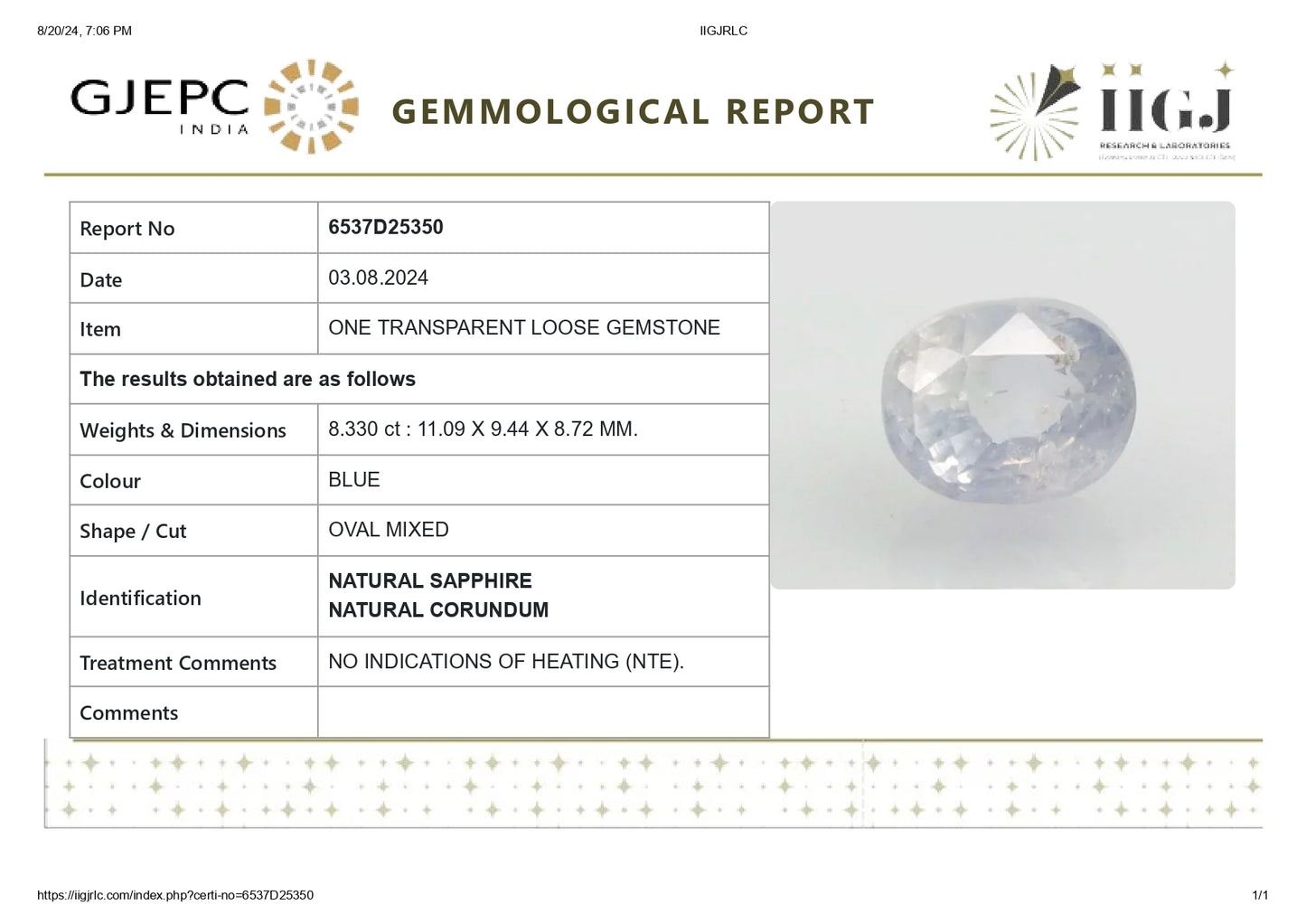 Natural Blue Sapphire (Neelam) 8.33 Carats
