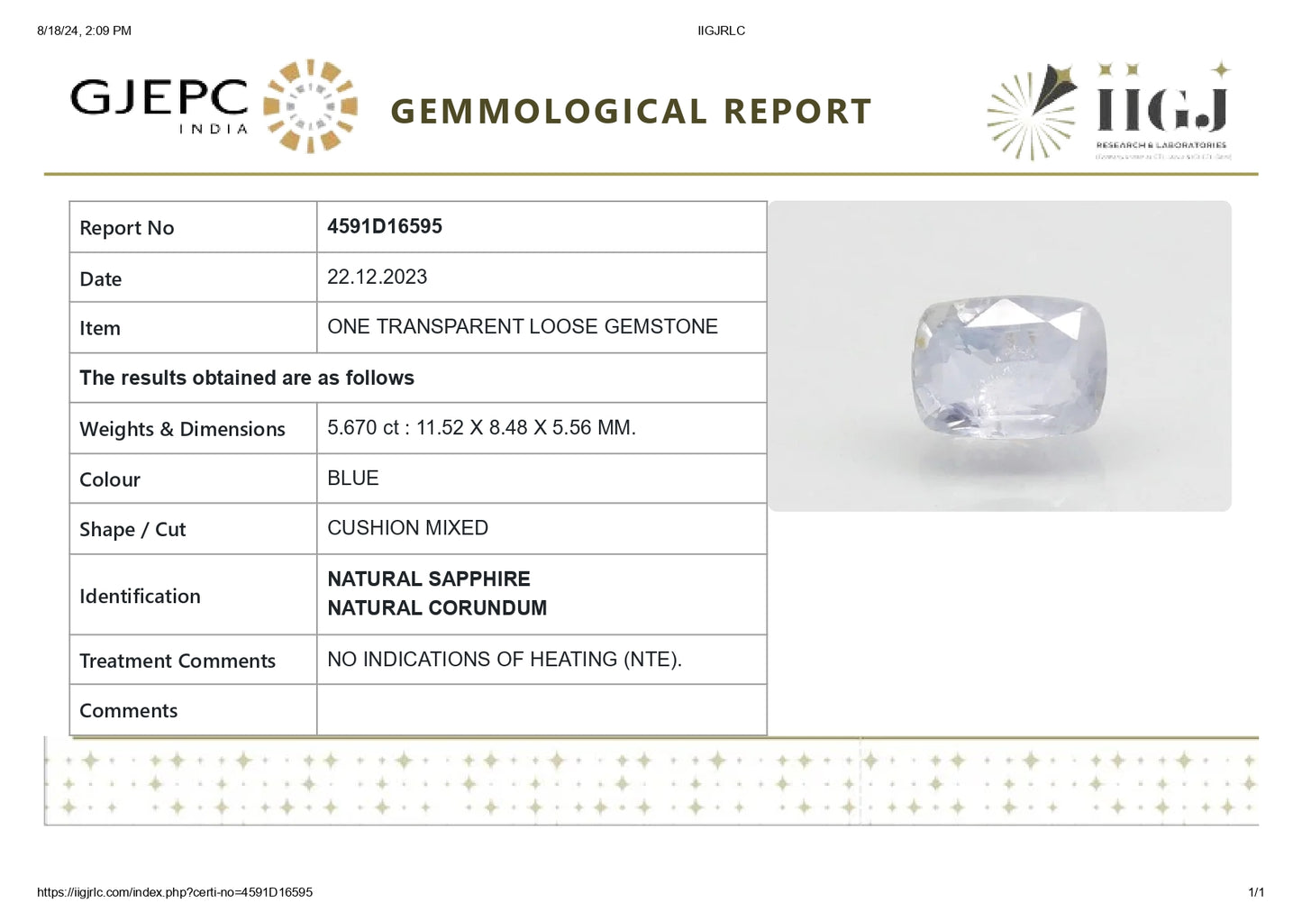 Natural Blue Sapphire (Neelam) 5.67 Carats
