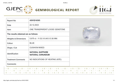 Natural Blue Sapphire (Neelam) 5.67 Carats