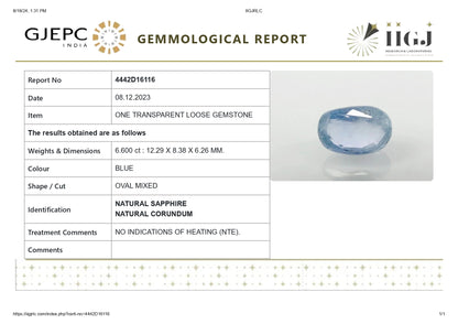 Natural Blue Sapphire (Neelam) 6.60 Carats
