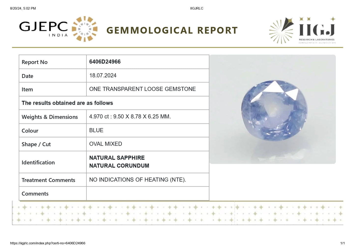 Natural Blue Sapphire (Neelam) 4.97 Carats