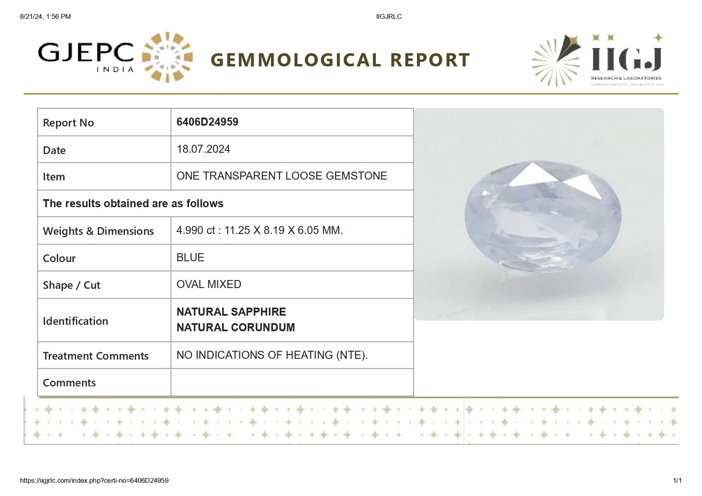 Natural Blue Sapphire (Neelam) 4.99 Carats