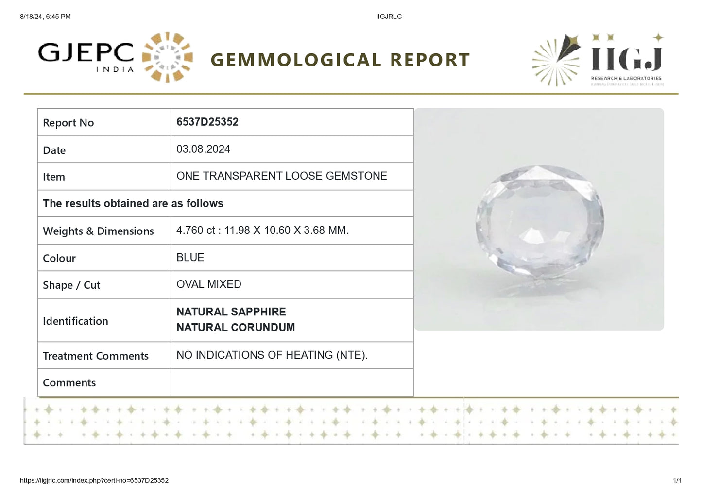 Natural Blue Sapphire (Neelam) 4.76 Carats