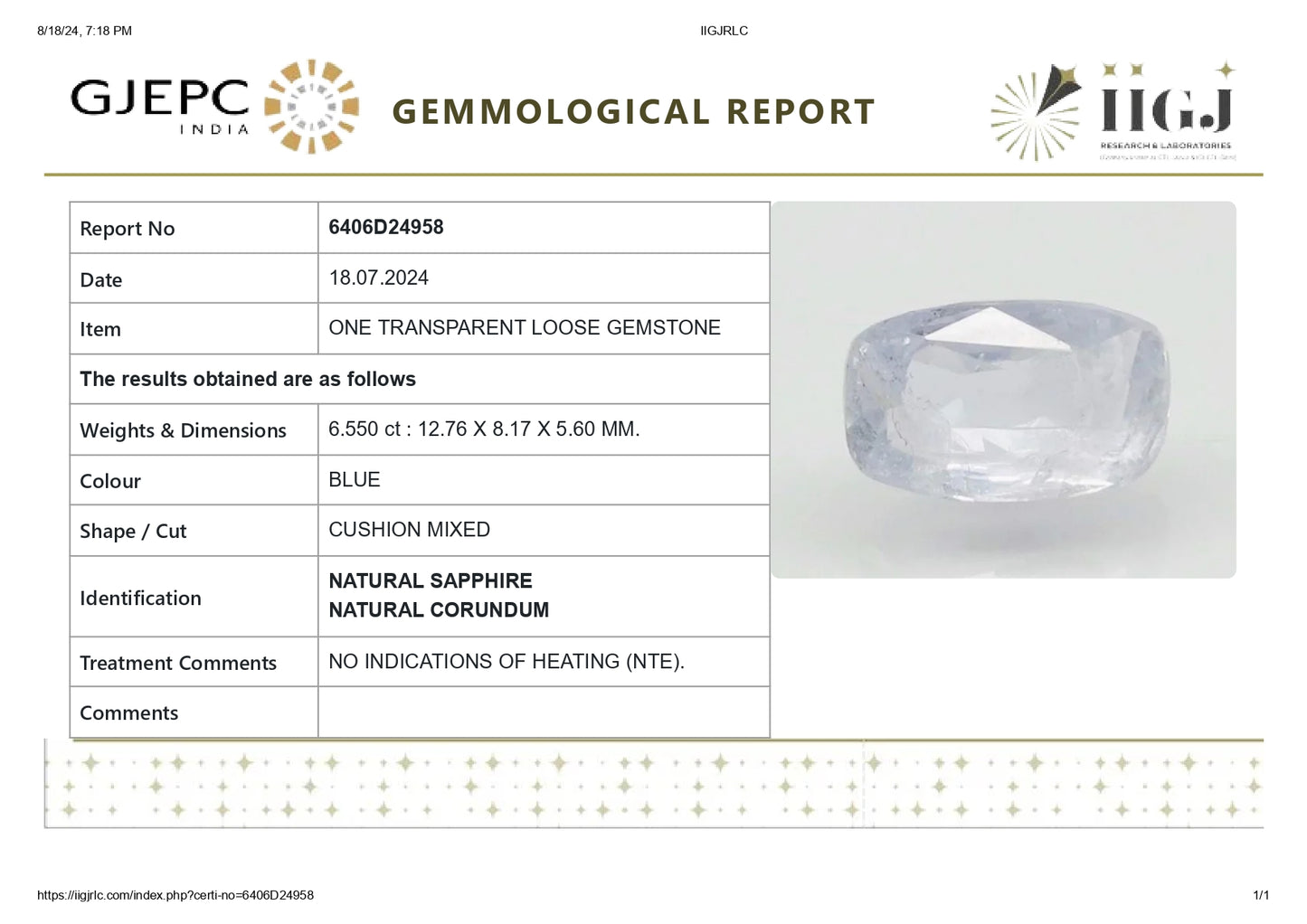 Natural Blue Sapphire (Neelam) 6.55 Carats