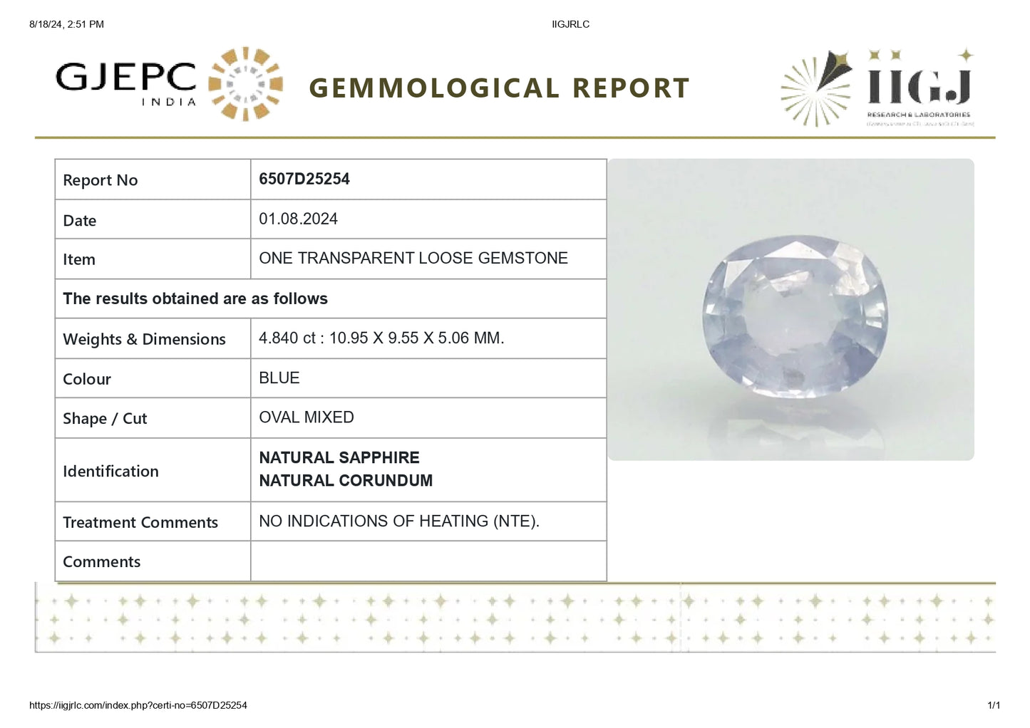 Natural Blue Sapphire (Neelam) 4.84 Carats