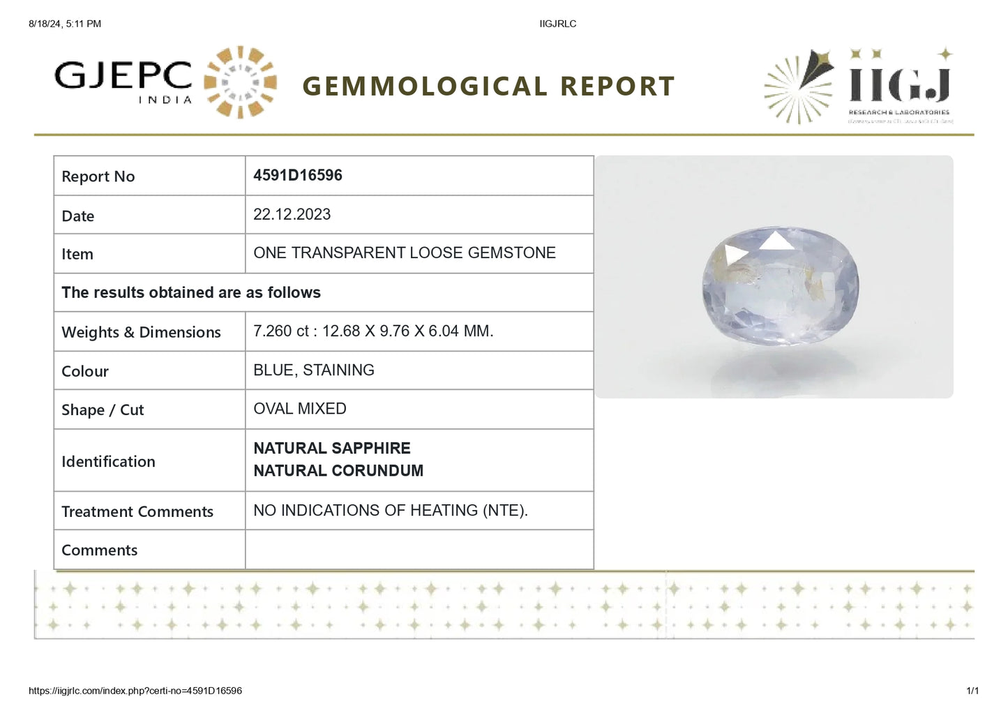 Natural Blue Sapphire (Neelam) 7.26 Carats