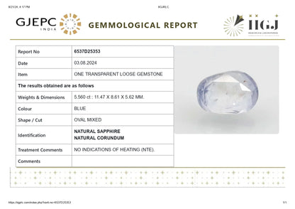 Natural Blue Sapphire (Neelam) 5.56 Carats