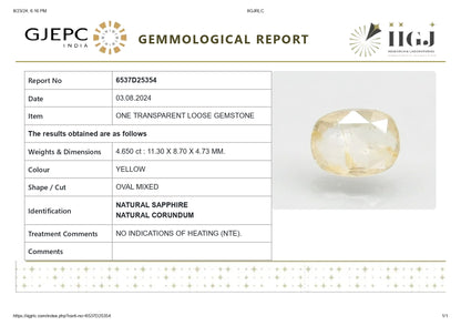 Natural Yellow Sapphire (Pukhraj) 4.65 Carats